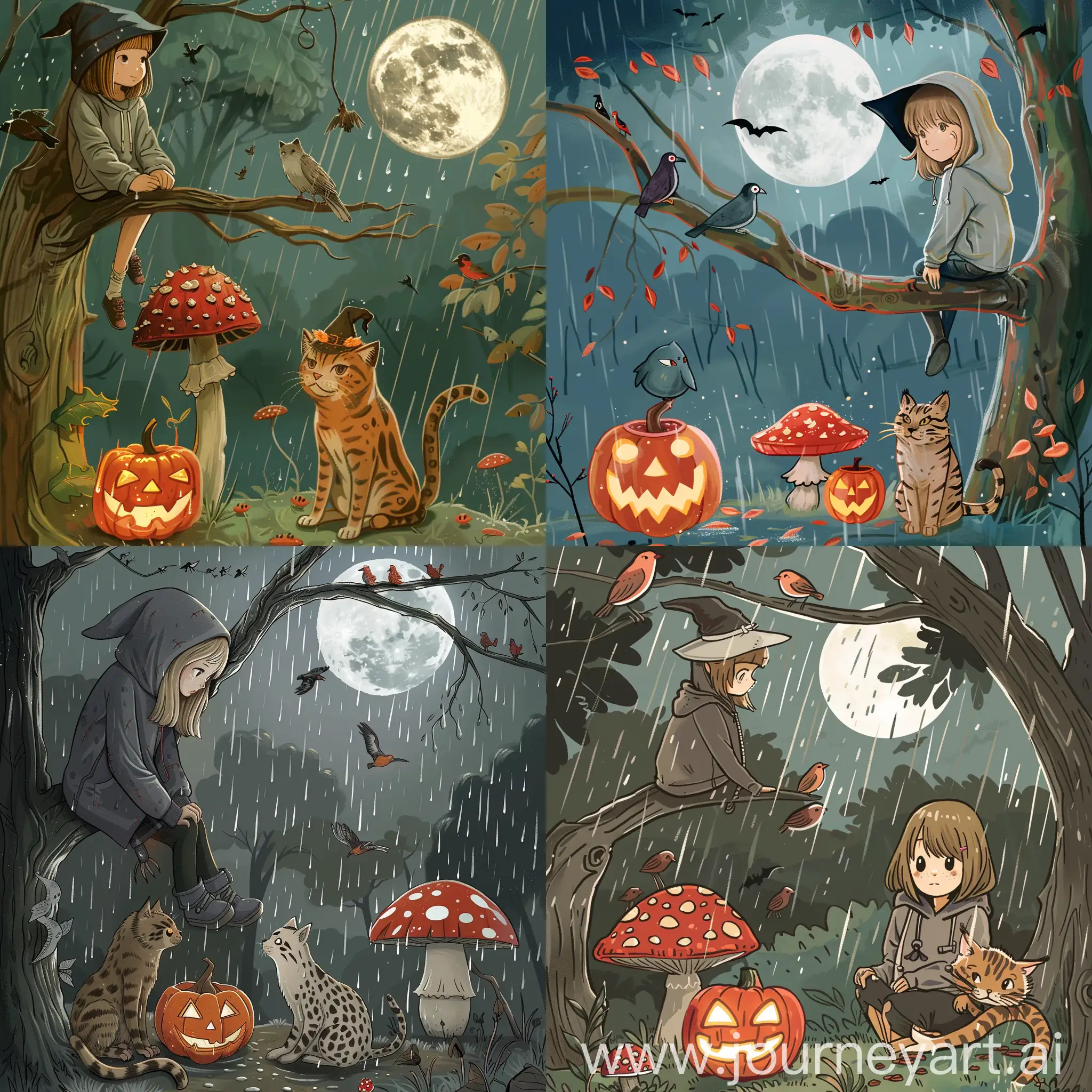 Studio Ghibli style moonlit woodland scene, it is raining and there is a full moon, there are some birds overhead, a young girl with shoulder length light brown hair wearing hoodie and witches hat sat high on a branch in a tree, there is a wildcat sitting next to her, on the ground is a jack o lantern and a cartoon mushroom which is red with white spots,