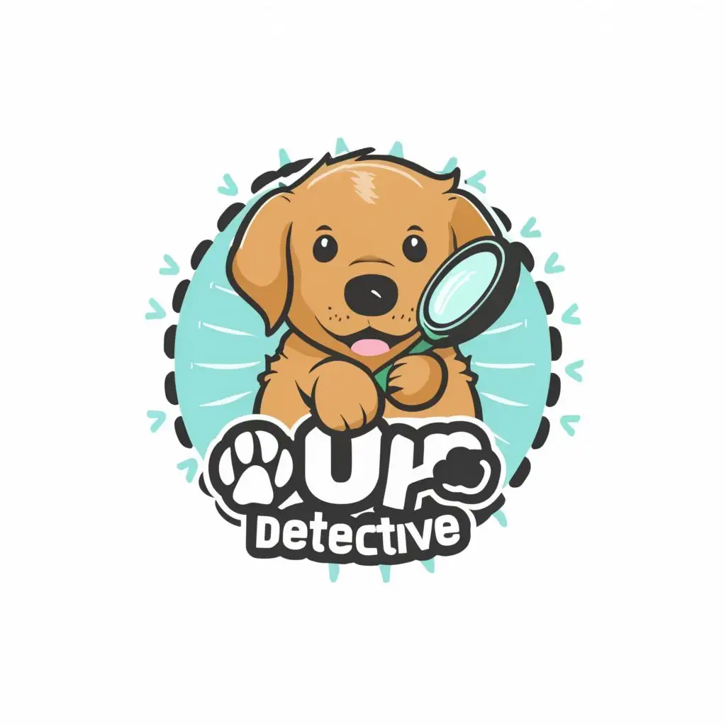 logo, golden retriever puppy, magnifying glass, , with the text "pup detective", typography, be used in Entertainment industry