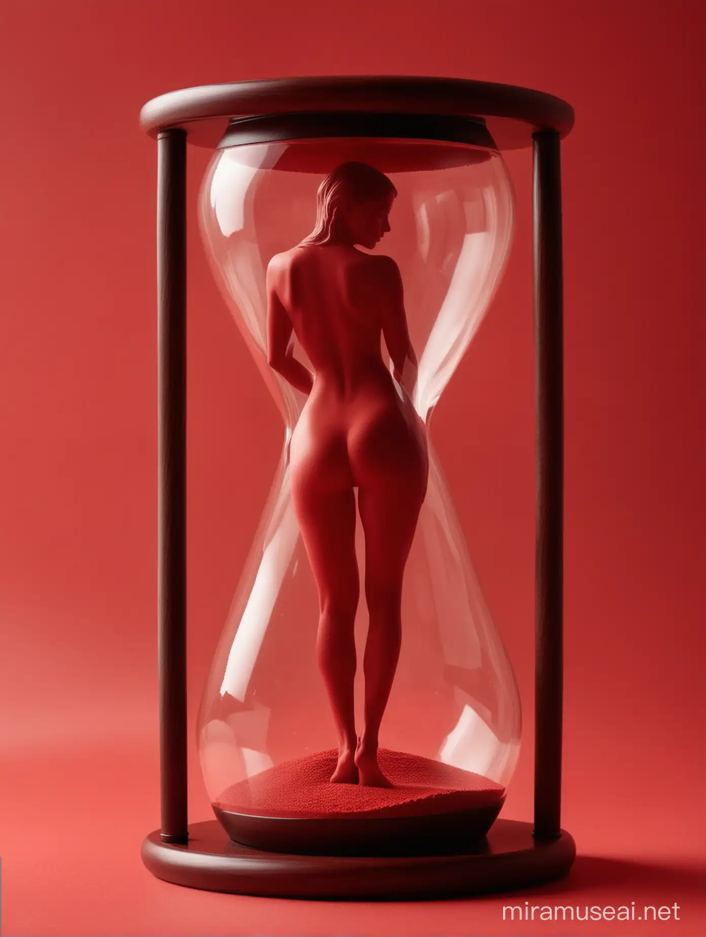 Hourglass that looks like  silhouette  of woman's body on red backround
