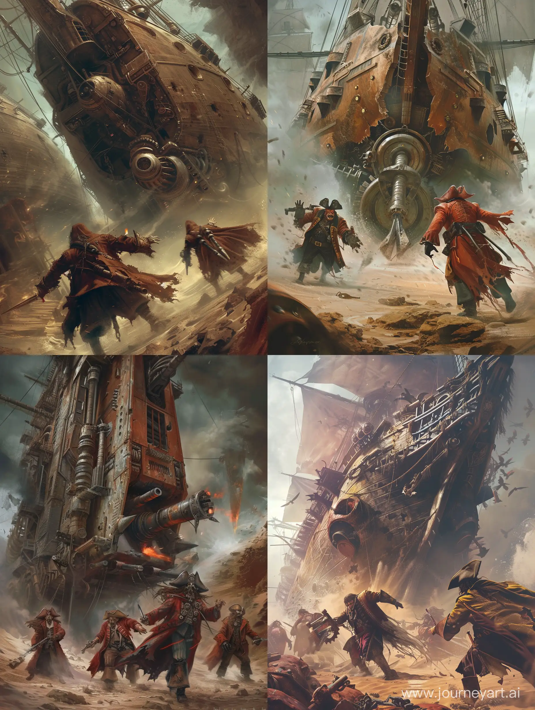 pirates with torn robe,Attacking to A huge ship [with a Huge drill bit at the front for splitting rock,with steam engine,Mighty machines, Power armor,powefull,intricate],steampunk,attacking,Angry,incredible detail,terrifying,Digital Art,Imaginary image,fantasy.