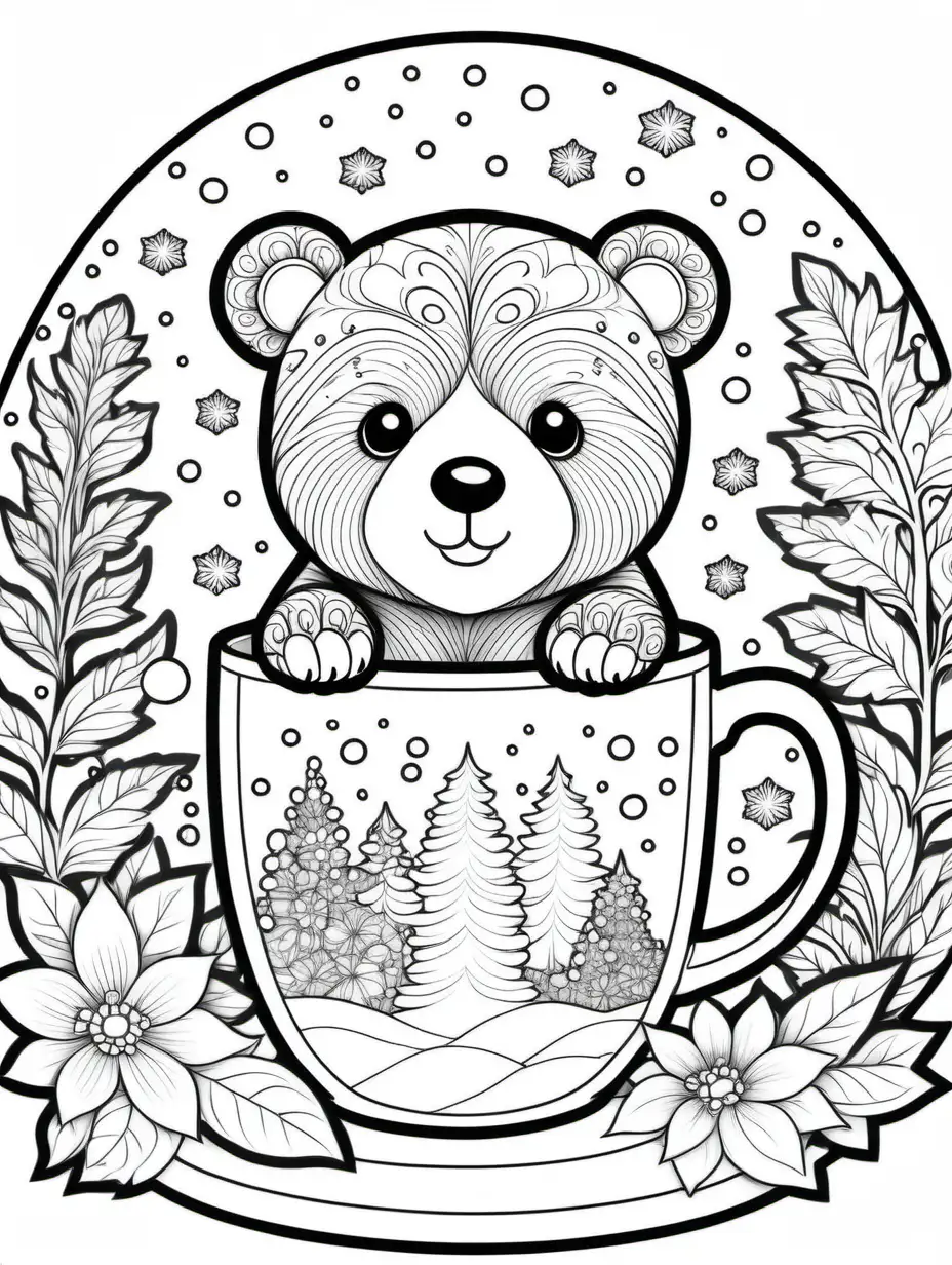 bear in a coffee cup coloring book, snow globe framed, floral background, black and white, no shading, no background, thick black outline