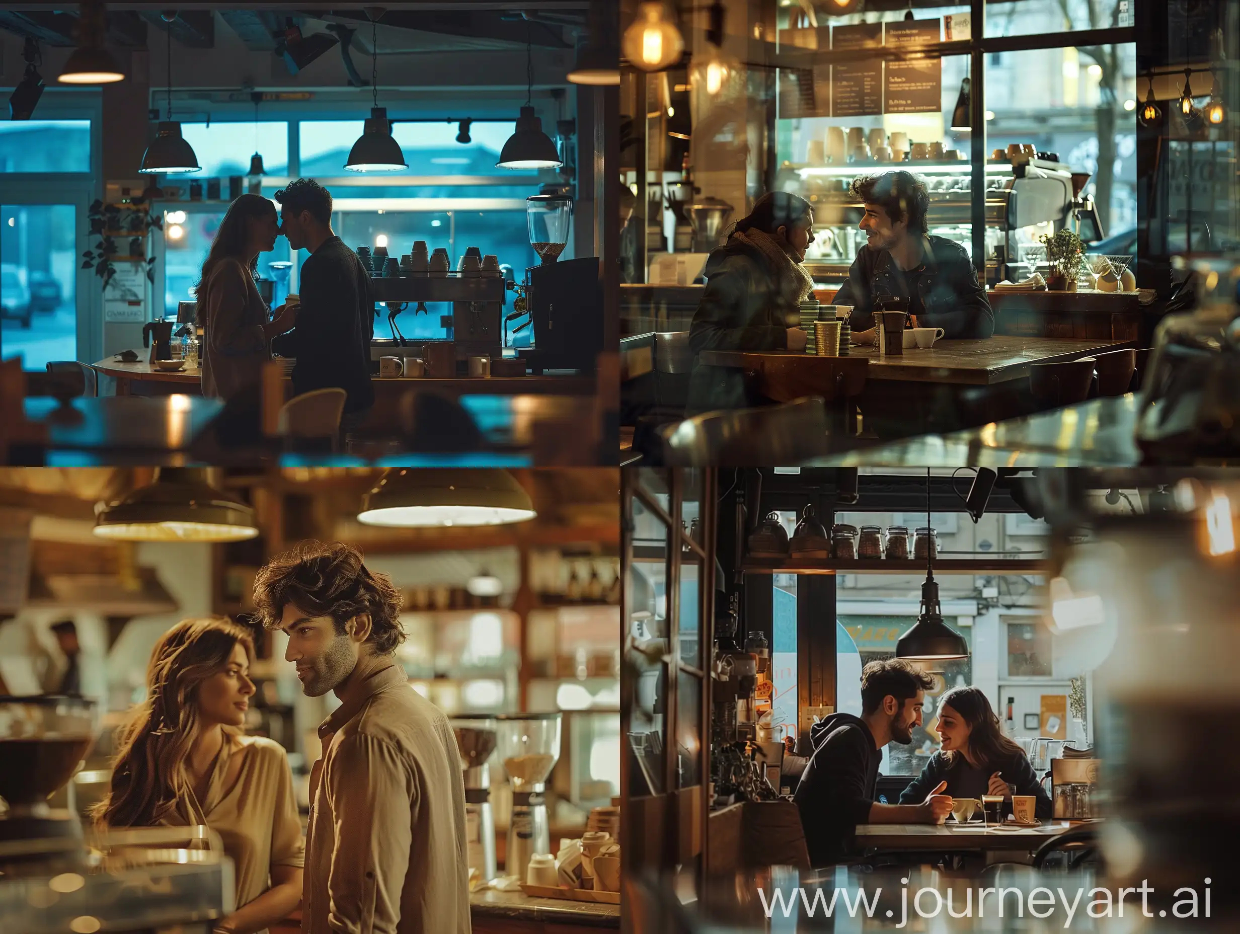 a cinematic picture from a film of a man with his girlfriend in a coffee shop