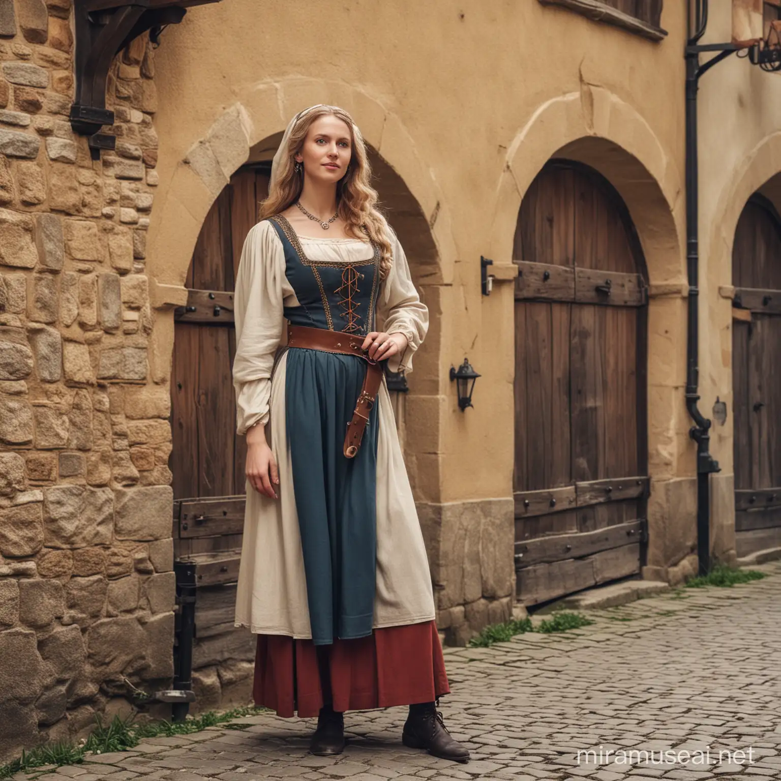 Medieval Minnesinger Singing with Lute in Castle Courtyard