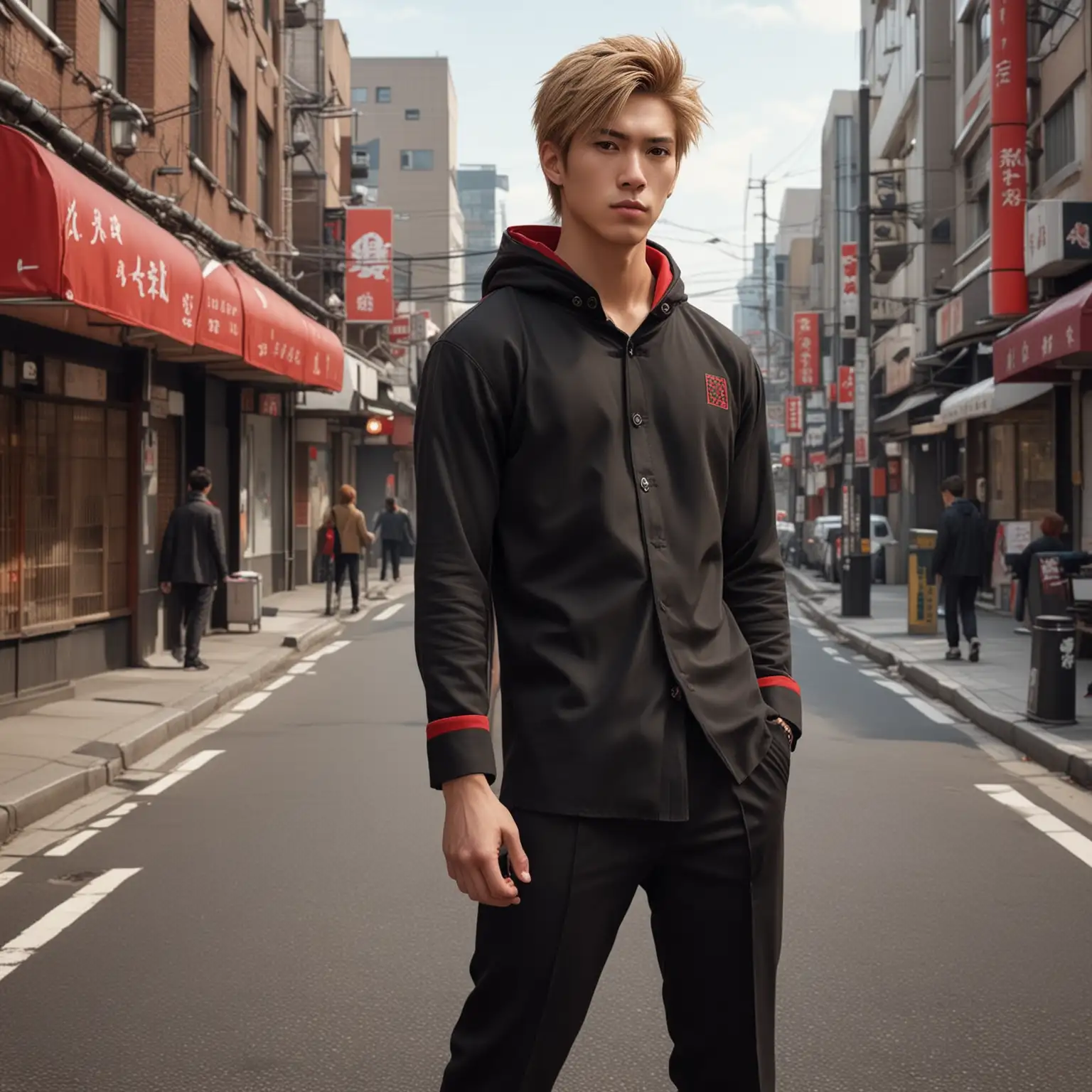 young man of average height and has a lean and muscular physique,  has relatively large light brown eyes and spiky brownish blonde hair that's styled in an undercut fashion, a black traditional japanese school uniform with red hood, black pants, and red shoes, dark Tokyo streets on background, hyper-realistic, photo-realistic