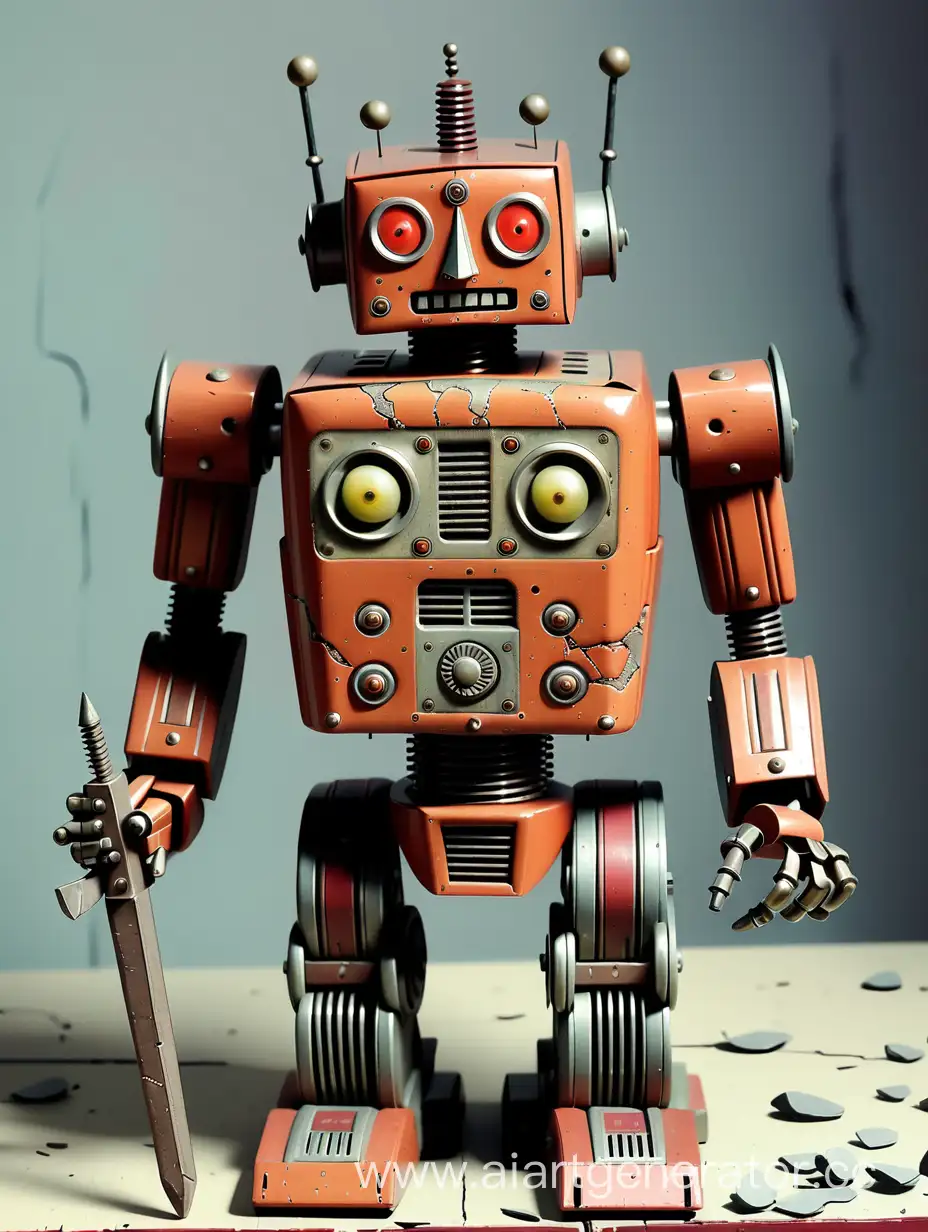 Vintage-Robot-Toy-with-Eerie-Cracks-and-Transforming-Weapon