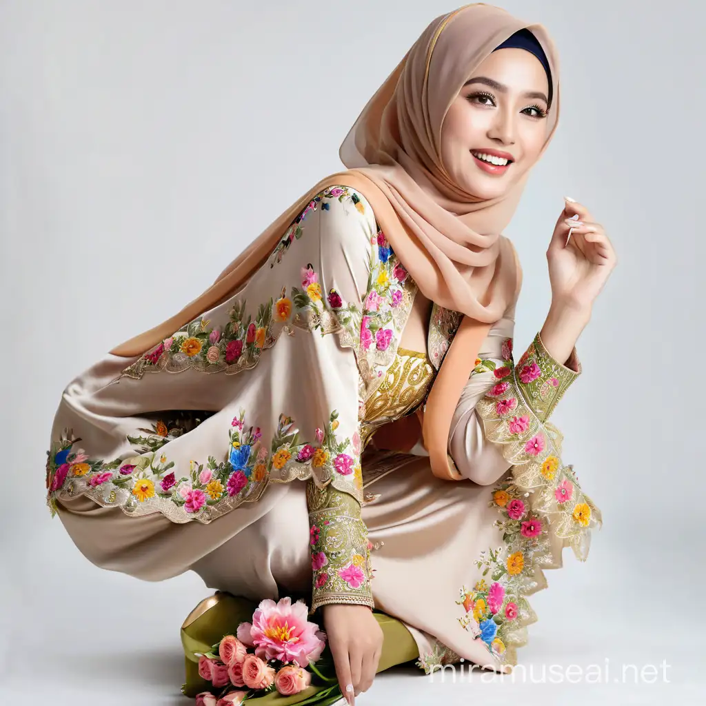 Ethereal Indonesian Muslim Woman in Ornate Victorian Dress Amid Vibrant Floral Hair