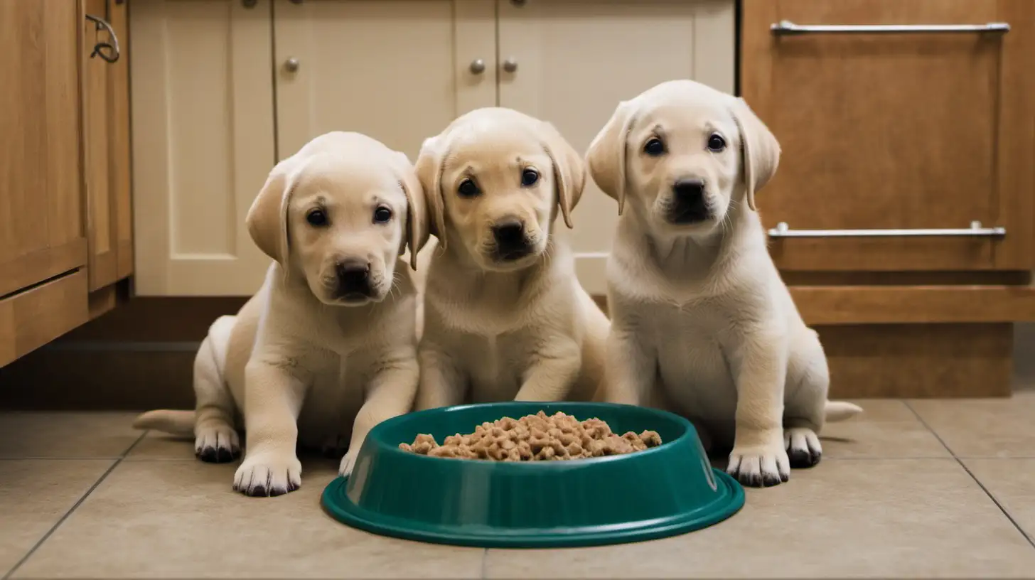 labrador puppies sitting next to  empty food bowls