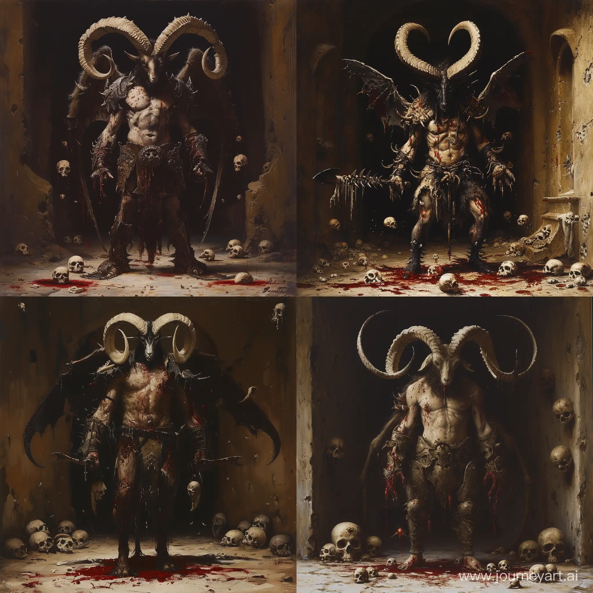 a goat-headed demon with large horns, strong and strong upper body, demon skins, skins, ((claws, wings)), demonic armor, blood splatters, skulls on the ground, standing in a blood ritual, medieval, dark room, dim light, masterpiece, realistic, oil painting