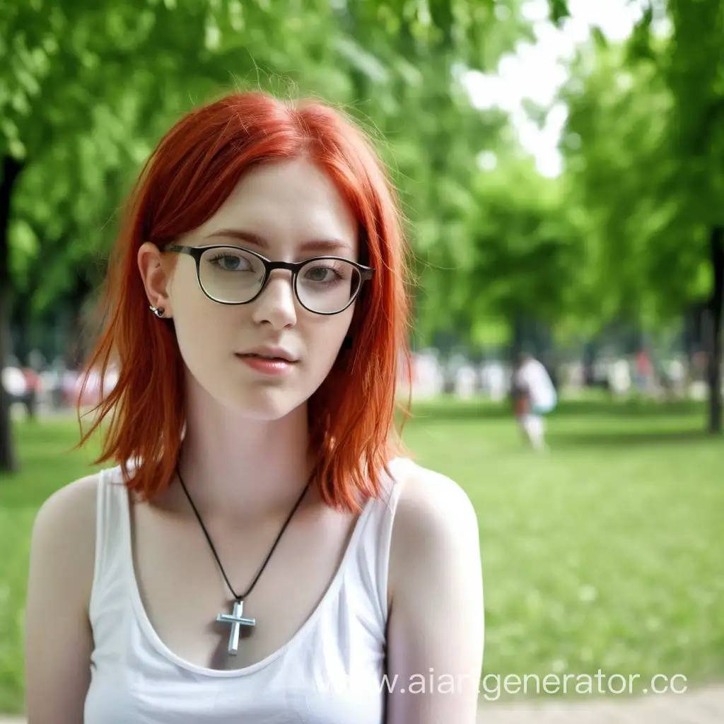 red-haired girl in the park, glasses, small cross pendant, summer