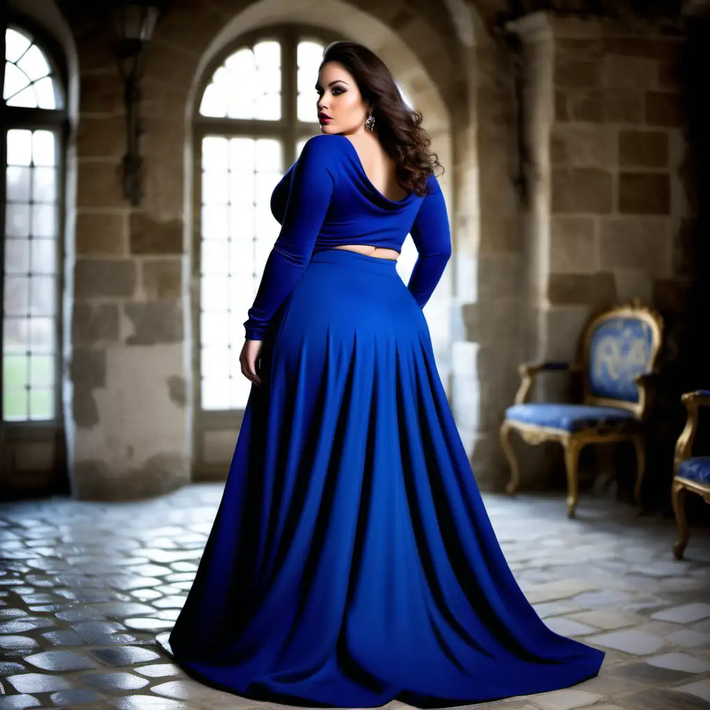 beautiful, sensual, classy elegant Latina plus size model, back view on separate image, wearing full covered back up to neck top with long sleeves, royal blue dress with a very flared ankle length skirt, skirt is made from the same deep royal blue fabric as top, dress is made from ITY fabric, fitted deep royal blue bodice, long fitted, empire defined waistline with a waistband tonal to the dress, long hair is flowing, back view on separate image, luxury photoshoot inside a magical winter castle in France, winter decorations inside the rooms in the castle, antique background