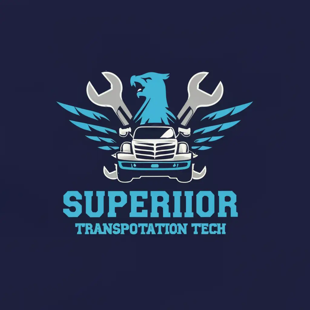 a logo design,with the text SUPERIOR CVI Transportation Tech, main symbol:Wrenches and a Pickup Truck and a griffon 'blue color',Moderate,be used in Automotive industry,clear background