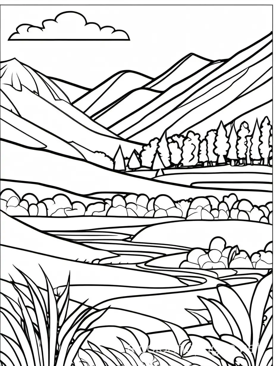 kids coloring page of landscape, Coloring Page, black and white, line art, white background, Simplicity, Ample White Space. The background of the coloring page is plain white to make it easy for young children to color within the lines. The outlines of all the subjects are easy to distinguish, making it simple for kids to color without too much difficulty