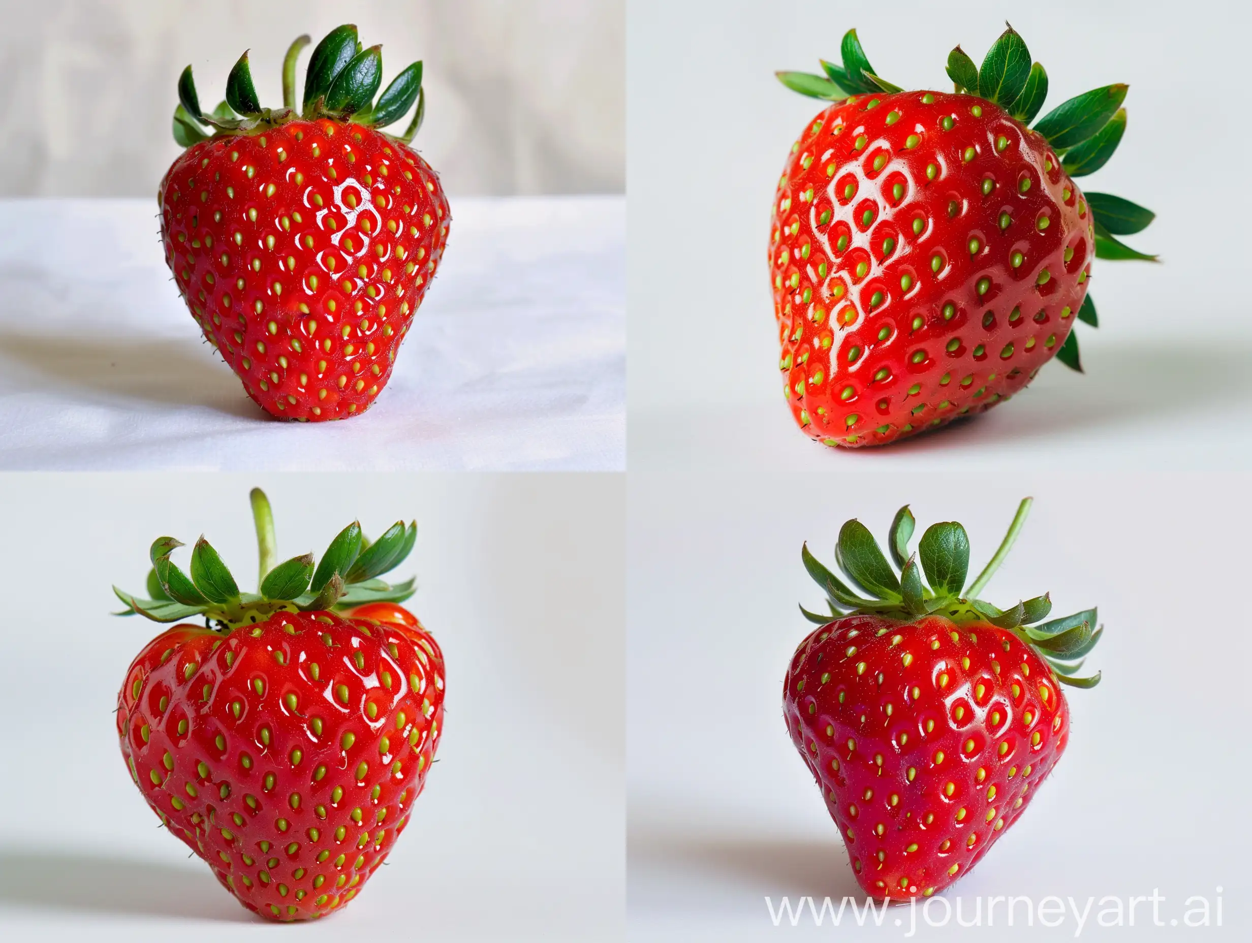 One strawberry , on a white seamless background --ar 4:3