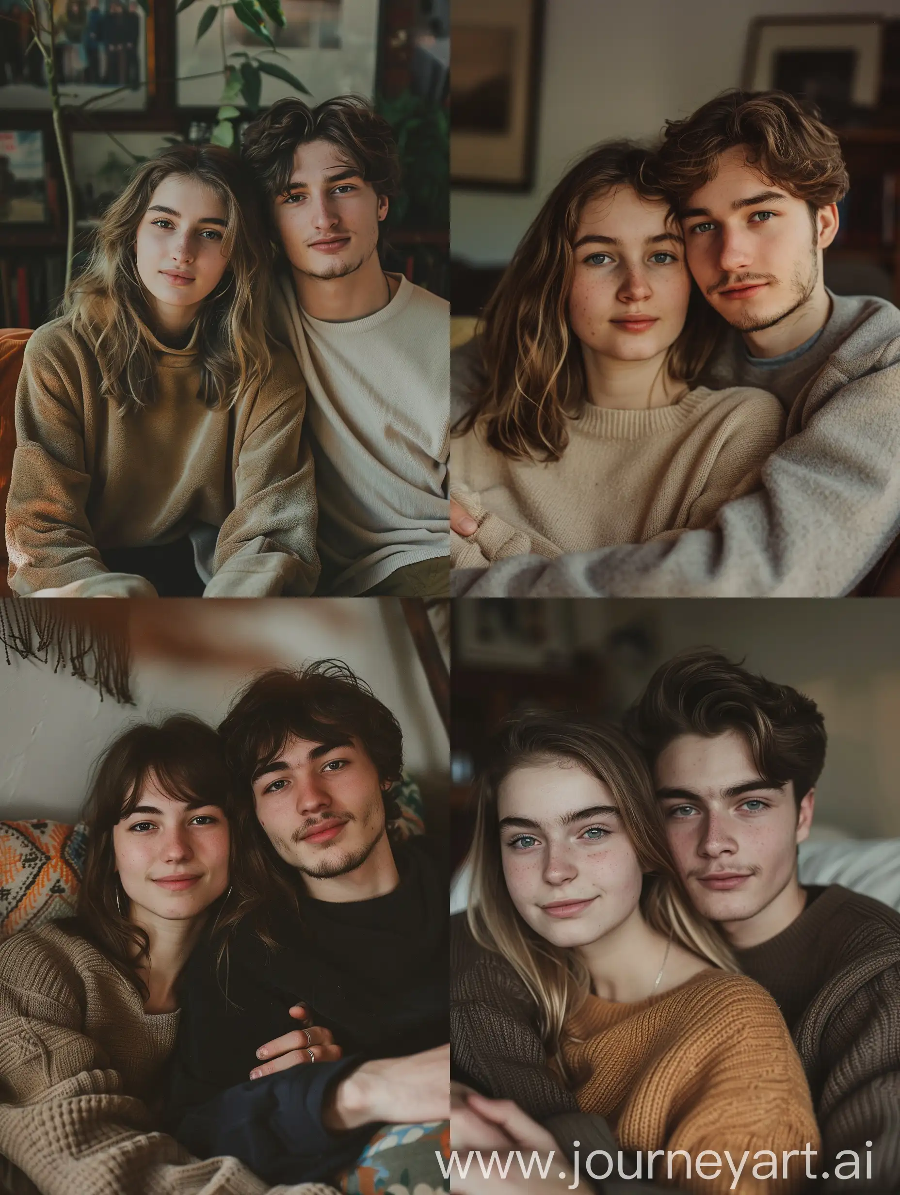 Loving couple young woman and man sitting on a sofa in a cozy atmosphere faces clearly visible and looking at the camera natural pose realistic photo faces relaxed with a slight smile high quality photo 