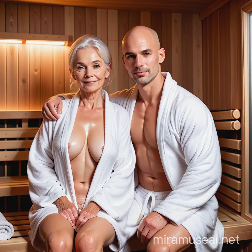 Attractive Couple Enjoying Sauna Together Mature Woman and Young Man in Towels
