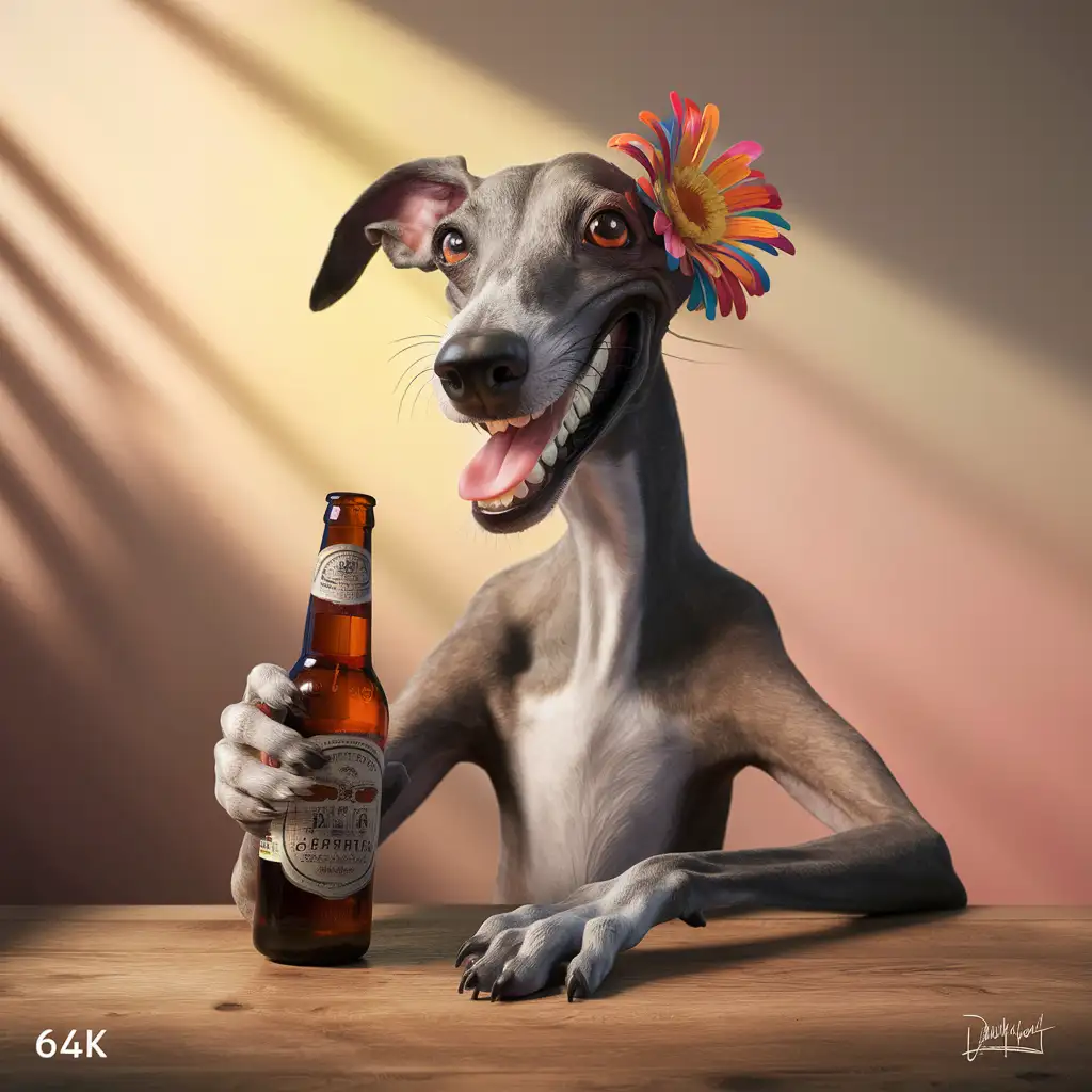 Smiling-Italian-Greyhound-Drinking-Beer-with-Flower-in-Ear
