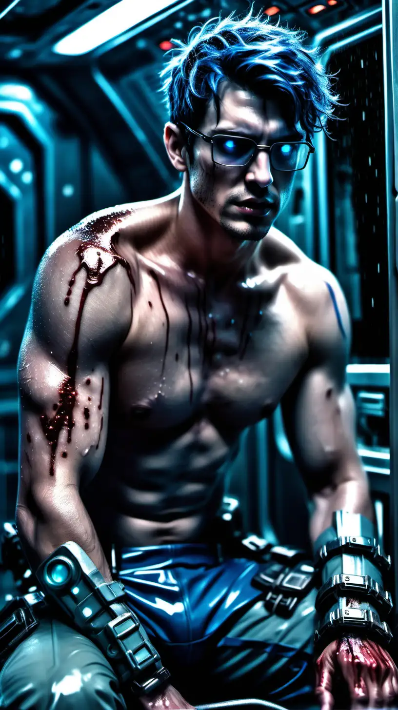 A handsome shirtless dripping wet bloodied male android hunk, on his knees exhausted inside a spaceship. His injuries sparkle showing the intensity of the battle he barely survived.
facial features: glowing aquamarine eyes, short  navy blue hair, stubbles, 5 o'clock shadow, hairy chest
attire: glasses, futuristic bracelets and leg armor
weather: cloudy night