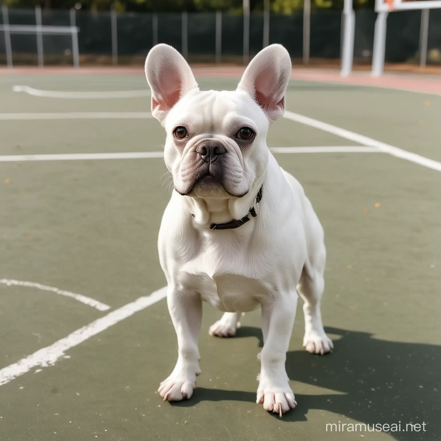 White French Bulldog Playing on Urban Basketball Court
