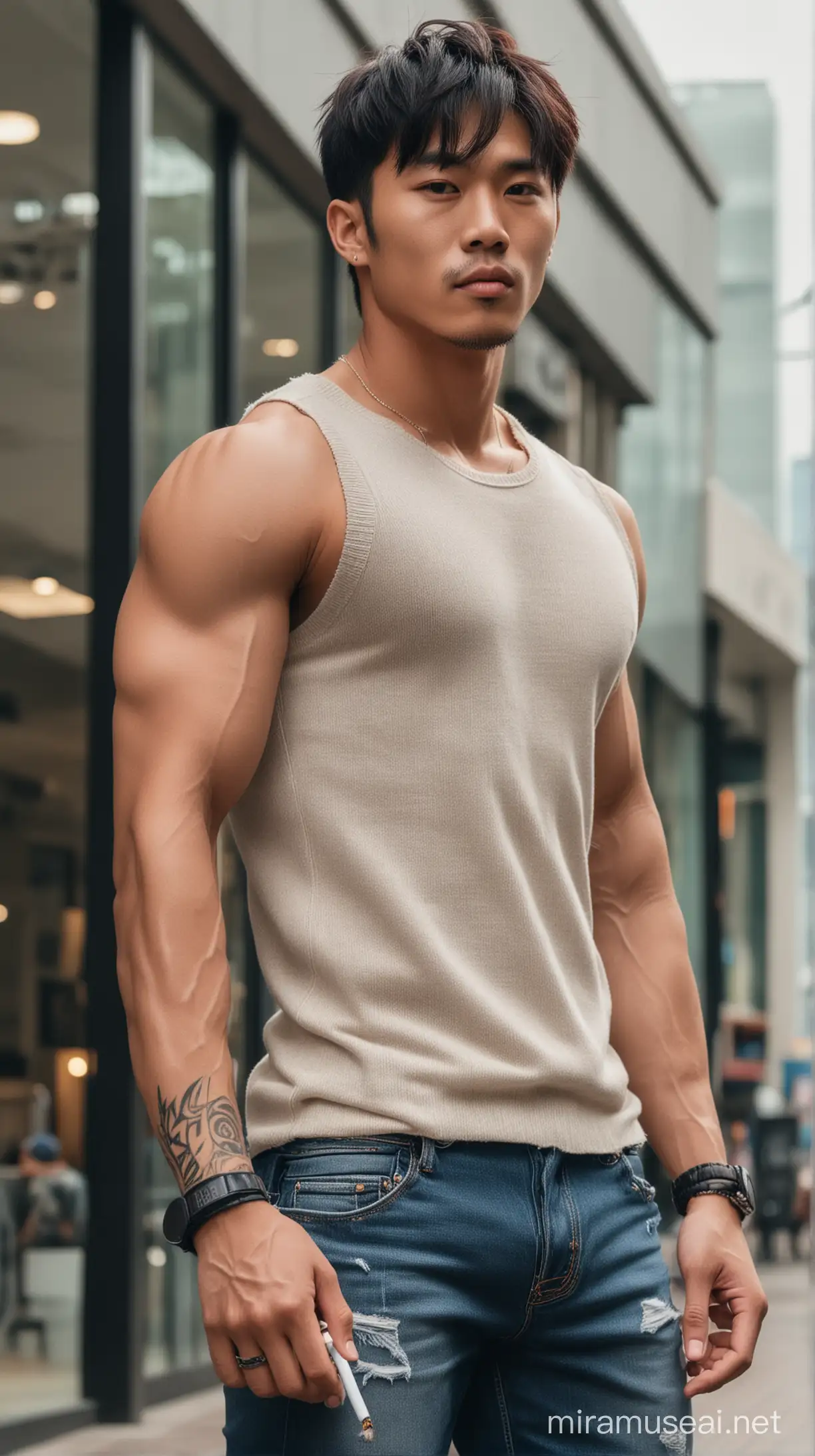 Stylish Asian Man Posing with Cigarette in Urban Setting