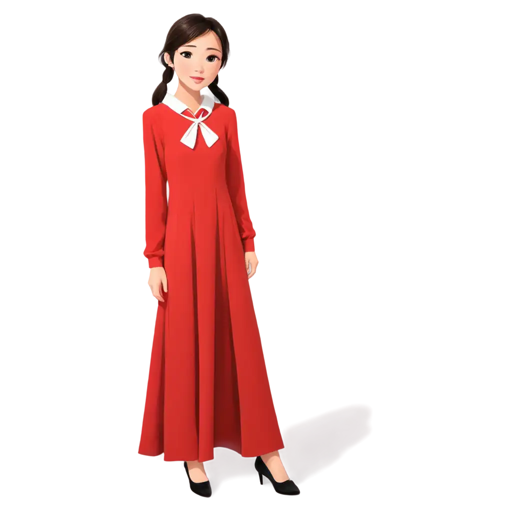 cartoon asian girl with big eyes, a gentle face expressing sentimentality, with a touching expression, soft eyes and a gentle modest smile, wearing a red long silk dress with long sleeves collar stand, with pigtails