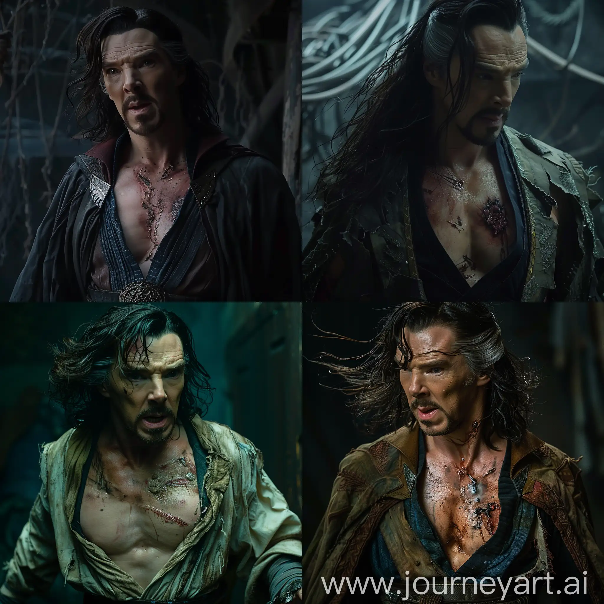 Doctor Strange, with loose long hair, in ripped, torn, damaged, untidy top, exposed chest.  He is in a dark room.