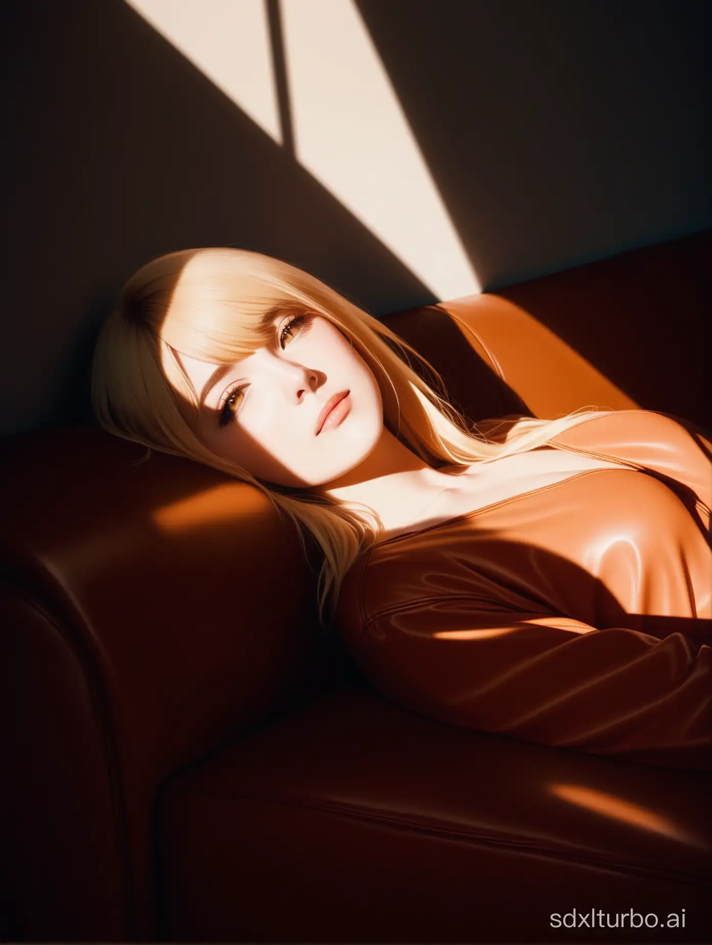 A woman with beautiful blond hair lying on a leather sofa in the interior of a dark room, light from the window from the side, shadows, golden hour, kodak aerochrome