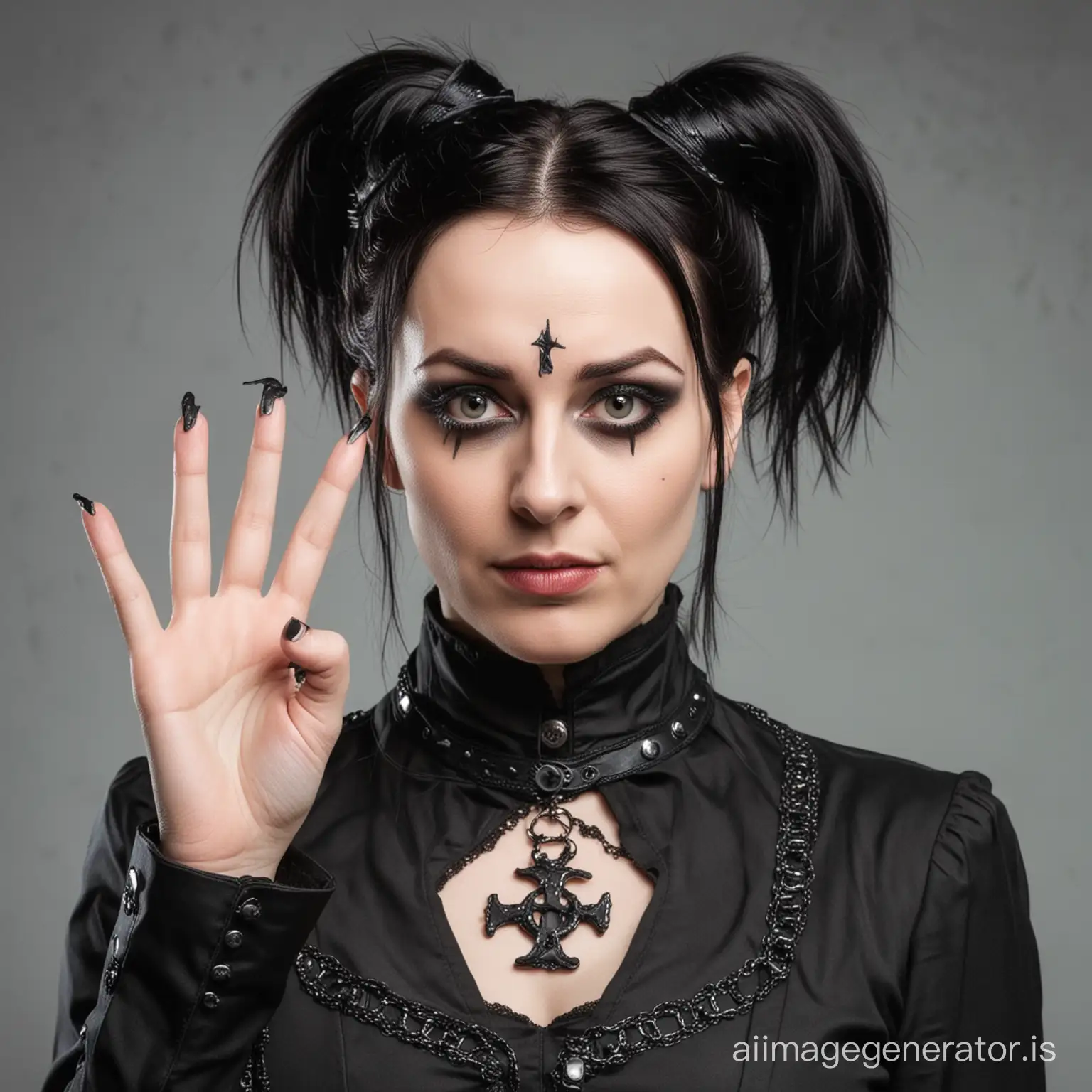 Goth german woman, mistress like, showing loser sign over her forehead