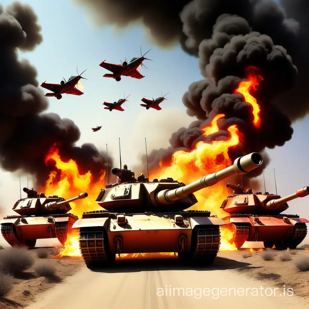 5 warriors tanks shoot airplanes shoot everywhere flames and bright colors