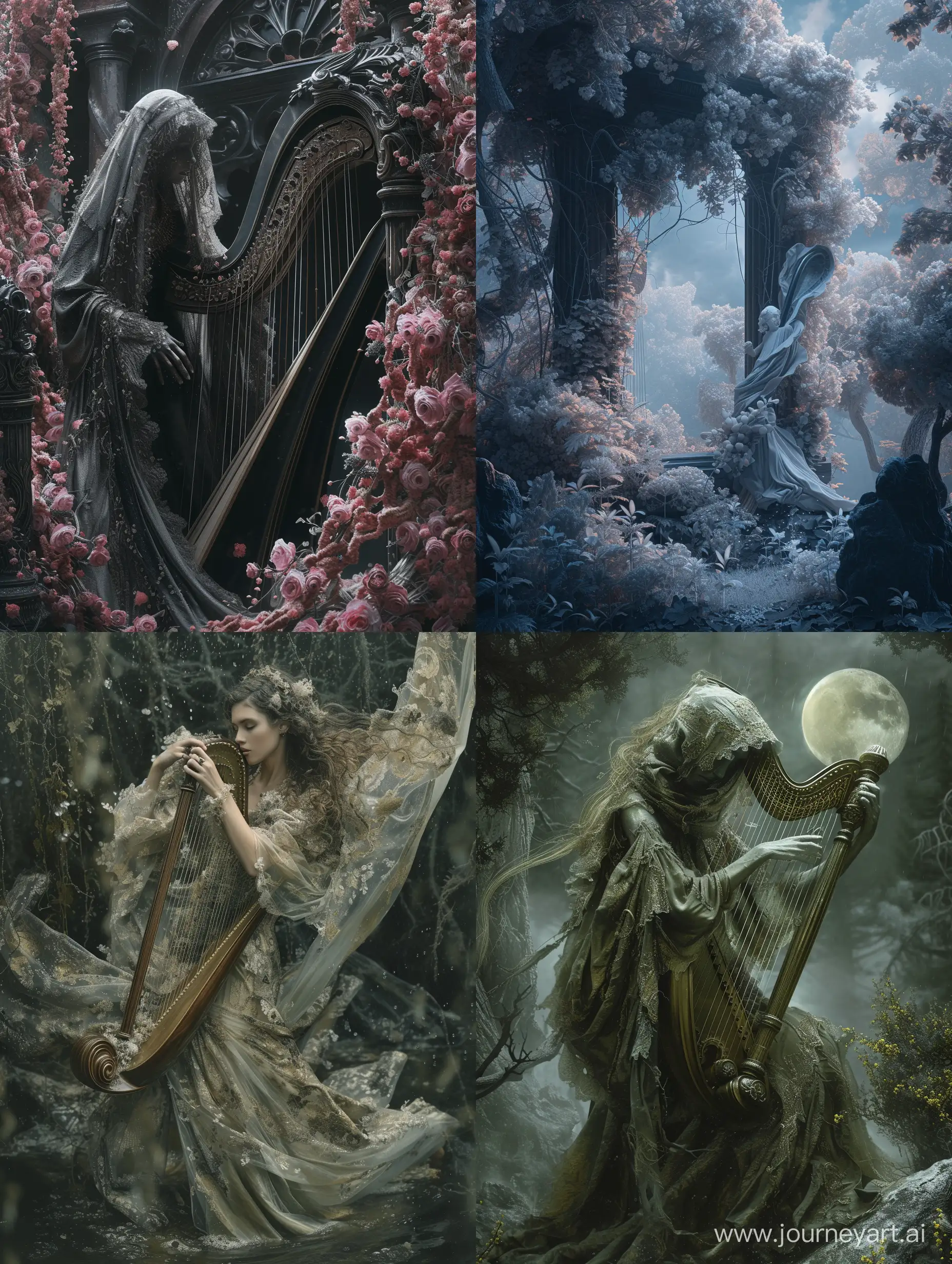 Ephemeral, ghostly apparitions of a beautiful spectral woman, dressed in flowing, tattered garments playing a large ornately detailed harp on a creepy foggy forest :: 16k :: high contrast extremely detailed, 16k resolution, intricate