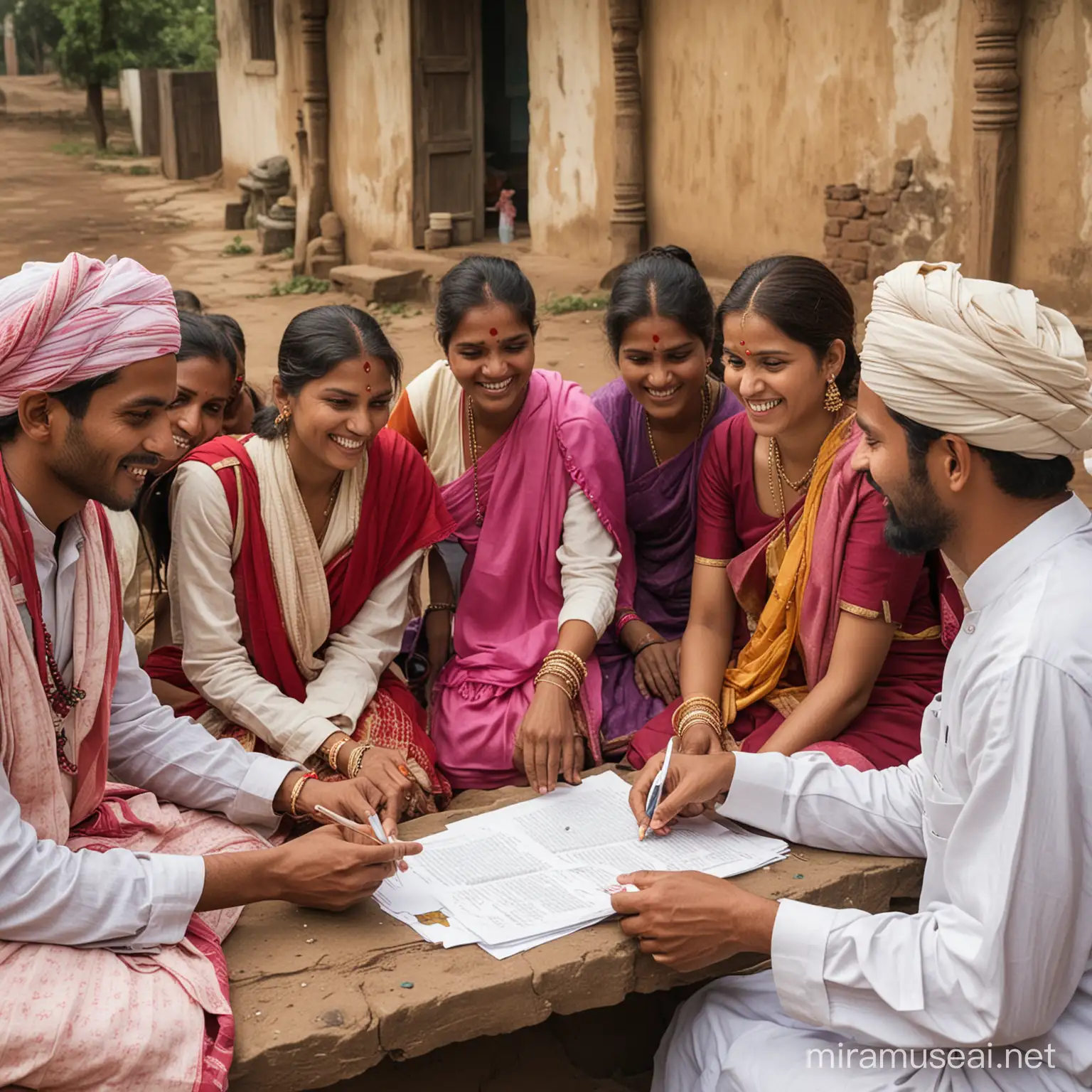 A group of people in India, dressed in traditional clothing, happily talk about their proposal for a healing system. A person writes a note with one hand on a piece of paper.