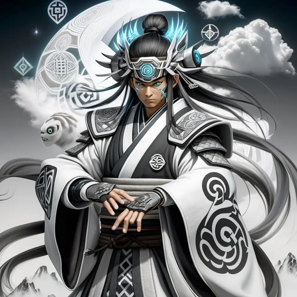 high definition simulation of a video game world boss character creation screen with cyberpunk Samurai ninja,Air Bender Jinjuriki with armored robe and cloud symbol eyeballs With glowing elemental wind fists wearing a beautiful wind kimono with white Silver black and white sacred geometry and armored shoulder guards with large spikey cloud hair With glowing magic fists wearing a beautiful flowing wind kimono with whites ivory casting wind spells from his hands Japanese clouds black and grey whites grays and light colors sacred Cloud geometry and armored shoulder guards gourde 