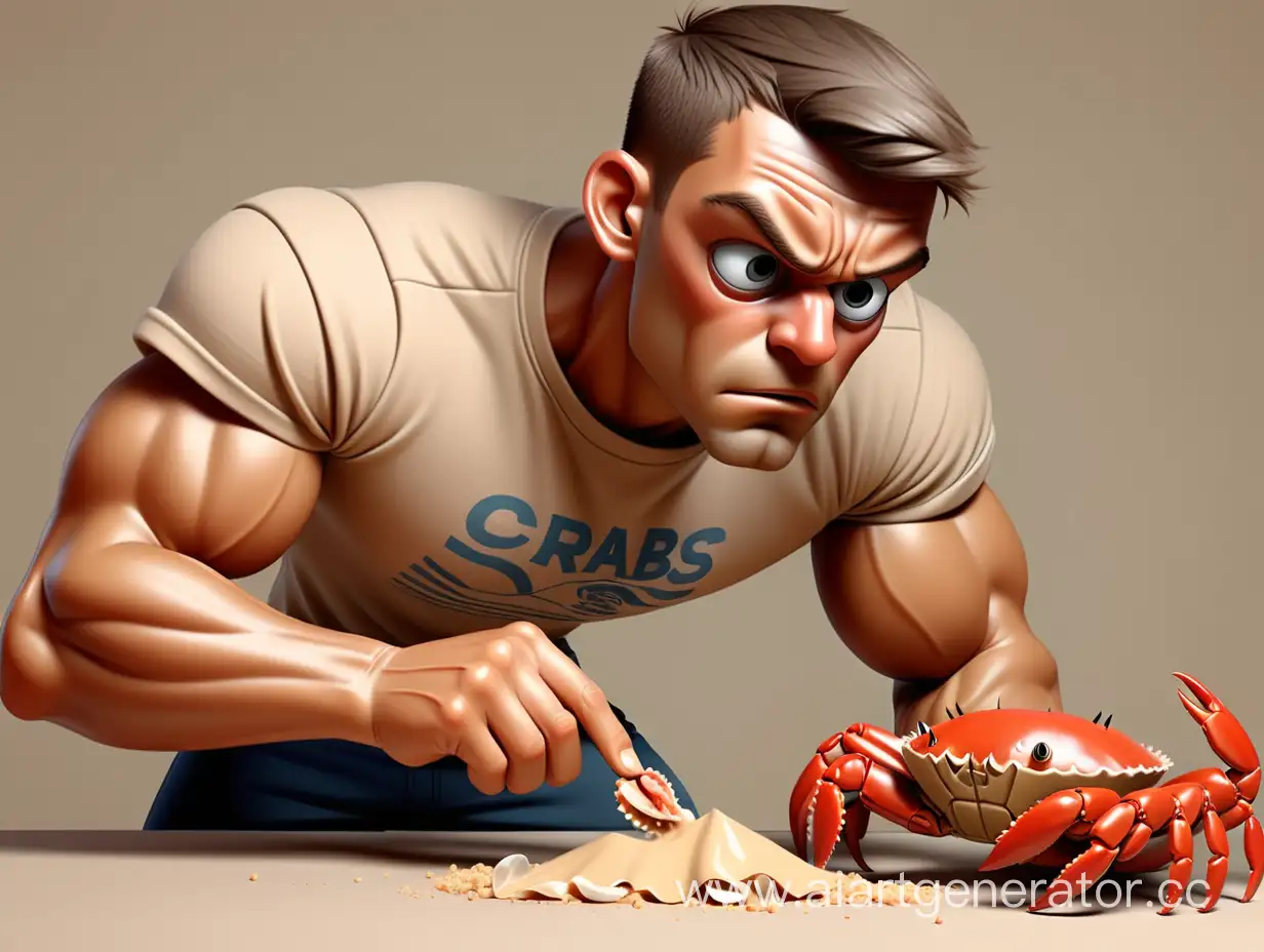 Draw an athletic man in a T-shirt trying to tear a sample of beige plastic with crabs next to him