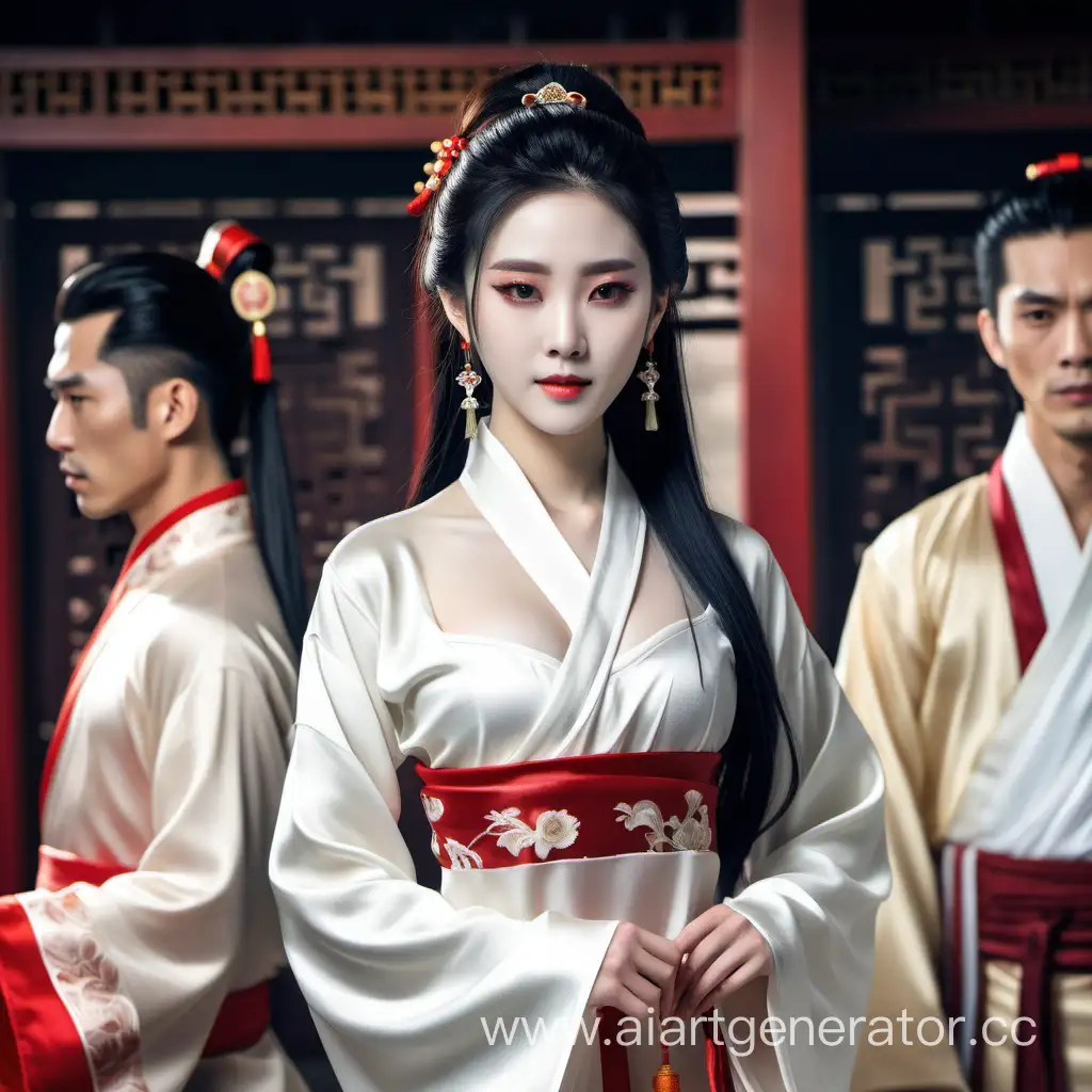 Chinese-Drama-Novel-Cover-Woman-Disguised-as-a-Man-in-Elegant-LongSleeved-Attire-with-White-Silk-Background