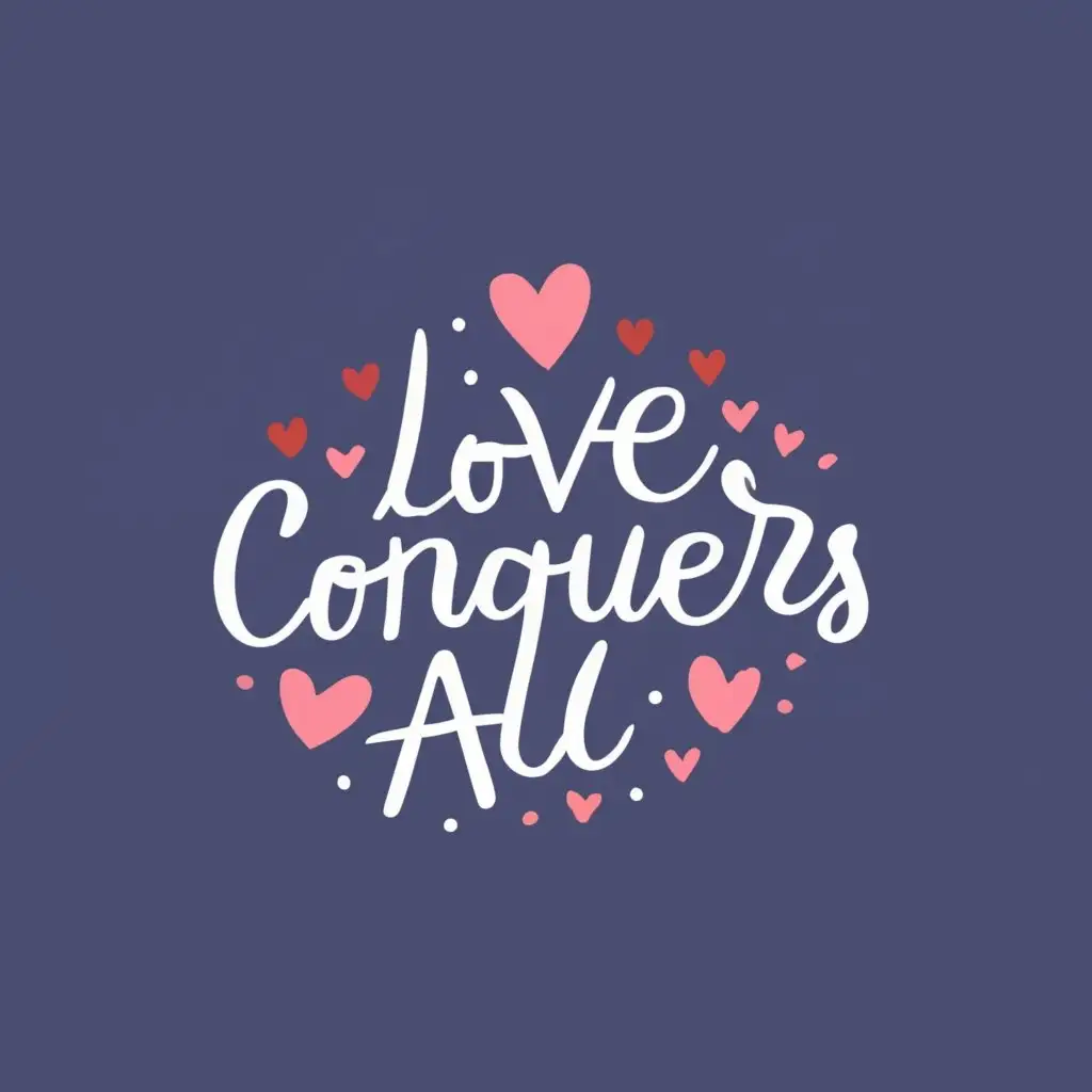 logo, Love conquers all, with the text "Love conquers all", typography