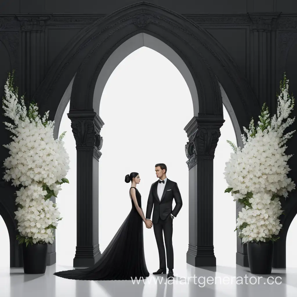 Elegant-Couple-in-Black-Attire-Embracing-Under-Floral-Arch