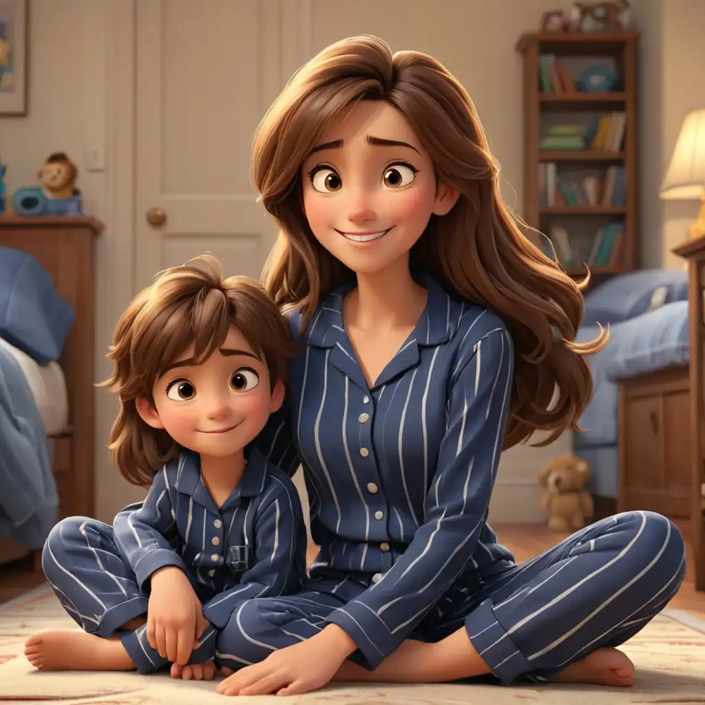 Happy Mom and Son in Navy Blue Stripe Pajamas Disney Pixar 3D Animation