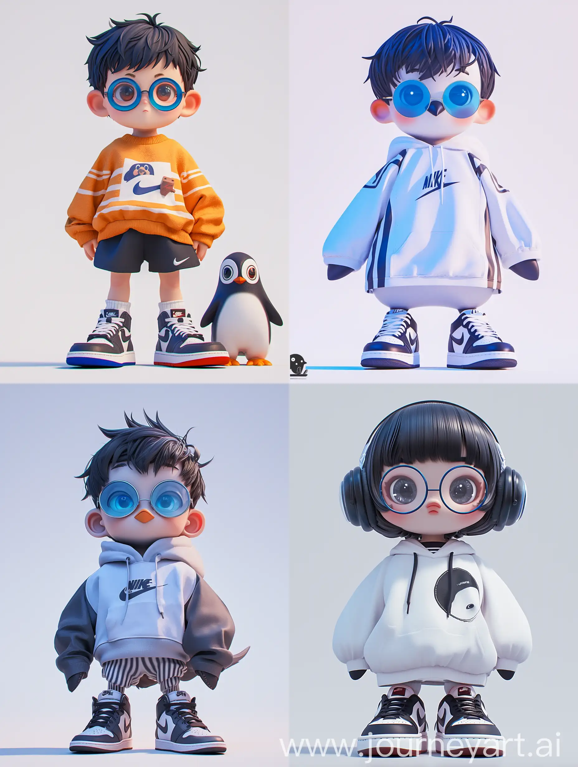 Tencent QQ Penguin, with round blue farsighted glasses, wearing big AJ-1 shoes, horizontal striped sweatshirt, short black hair, white background, full-body lens, exquisite facial features, Nike shoes, clean background, front view, movie lighting, ip pop mart blind box, rendering, chibi, ultra high definition, 3d, c4d, behance, depth of field, best quality --ar 3:4 --niji 6 --s 180