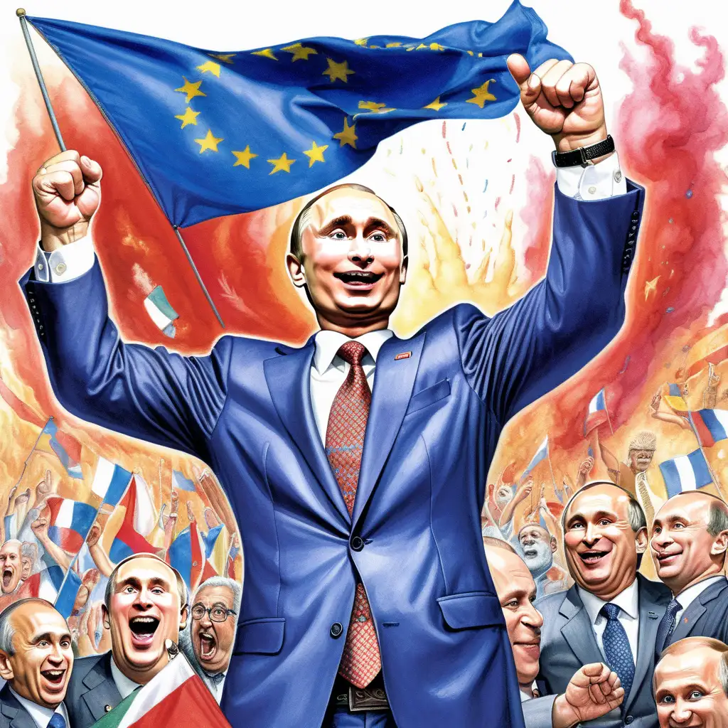 Create an image of Vladimir Putin celebrating. The image must be in the style of Matt Wuerker. The EU flag must be in the background.