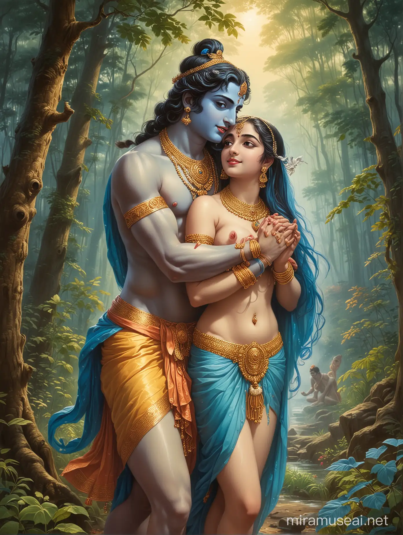 Radha and blue skin color Krishna nude in forest