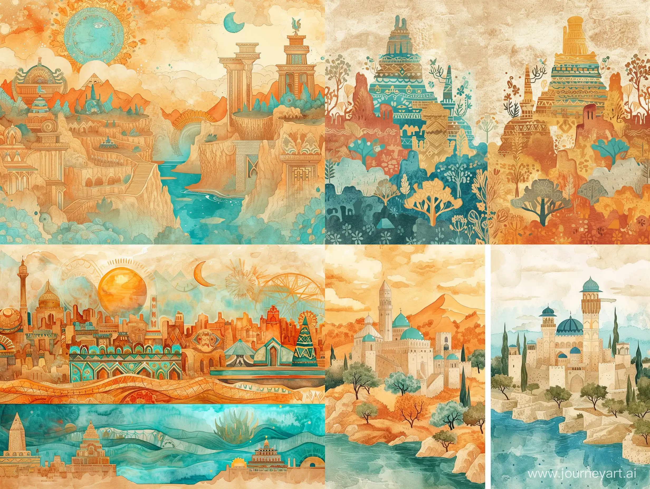 Two variants of the ornamental background, landscape of ancient civilizations, in the old style, delicate colors, linear, many details, colors, ochre, orange, turquoise, light brown, blue stylized caricature, watercolor, decorative, flat drawing