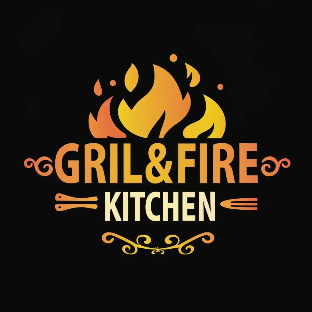 logo, fire, with the text "Grill & Fire Kitchen", typography