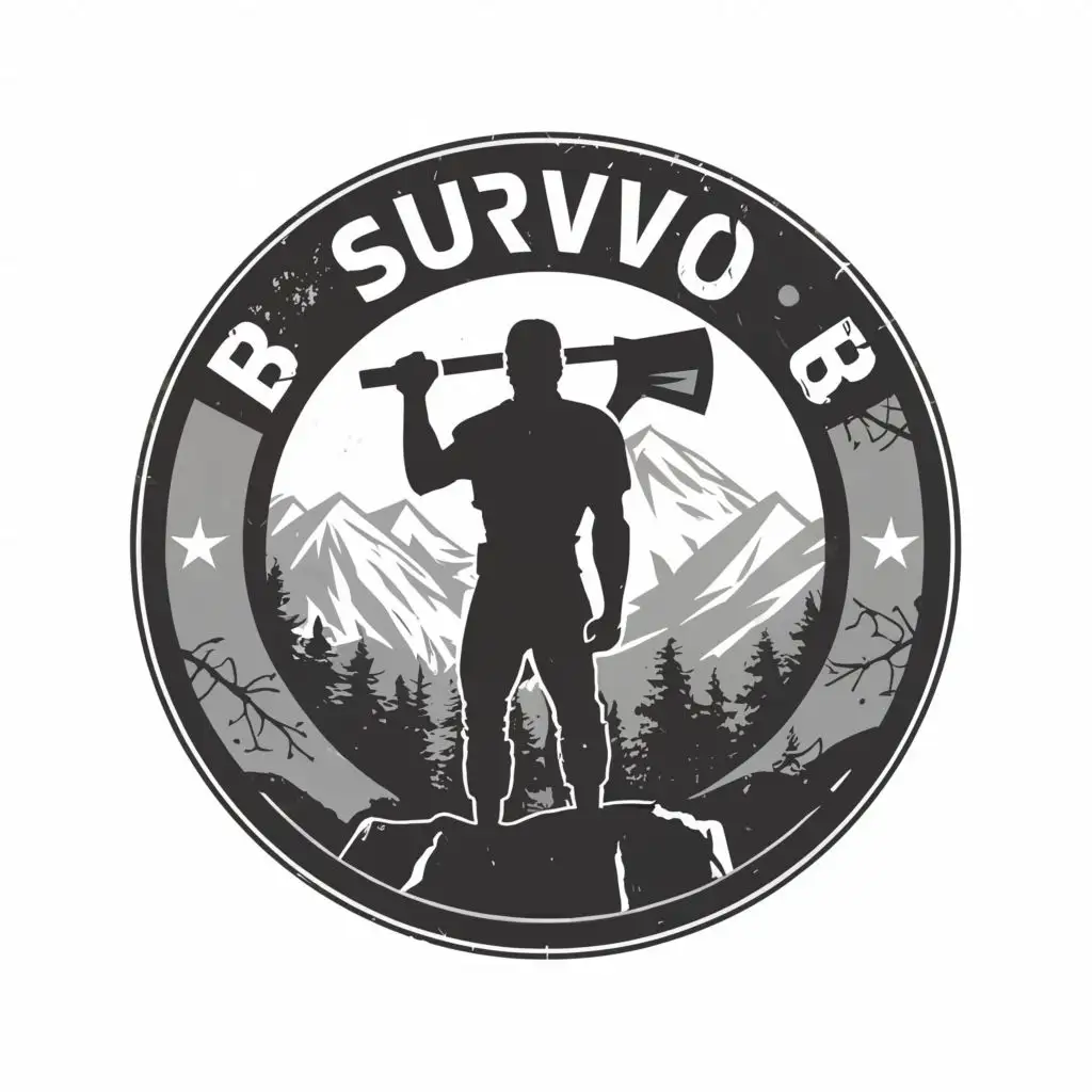 a logo design,with the text "B", main symbol:Vector illustration in circle of the Survivor width axe who stays in the mountain's jungle. Many details, without brand name and letters, black and white colors.,Moderate,be used in Travel industry,clear background
