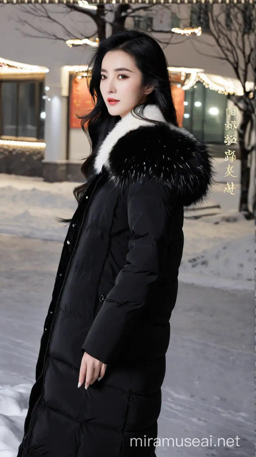 Elegant Woman in Black Long Down Jacket on Snowy Ground