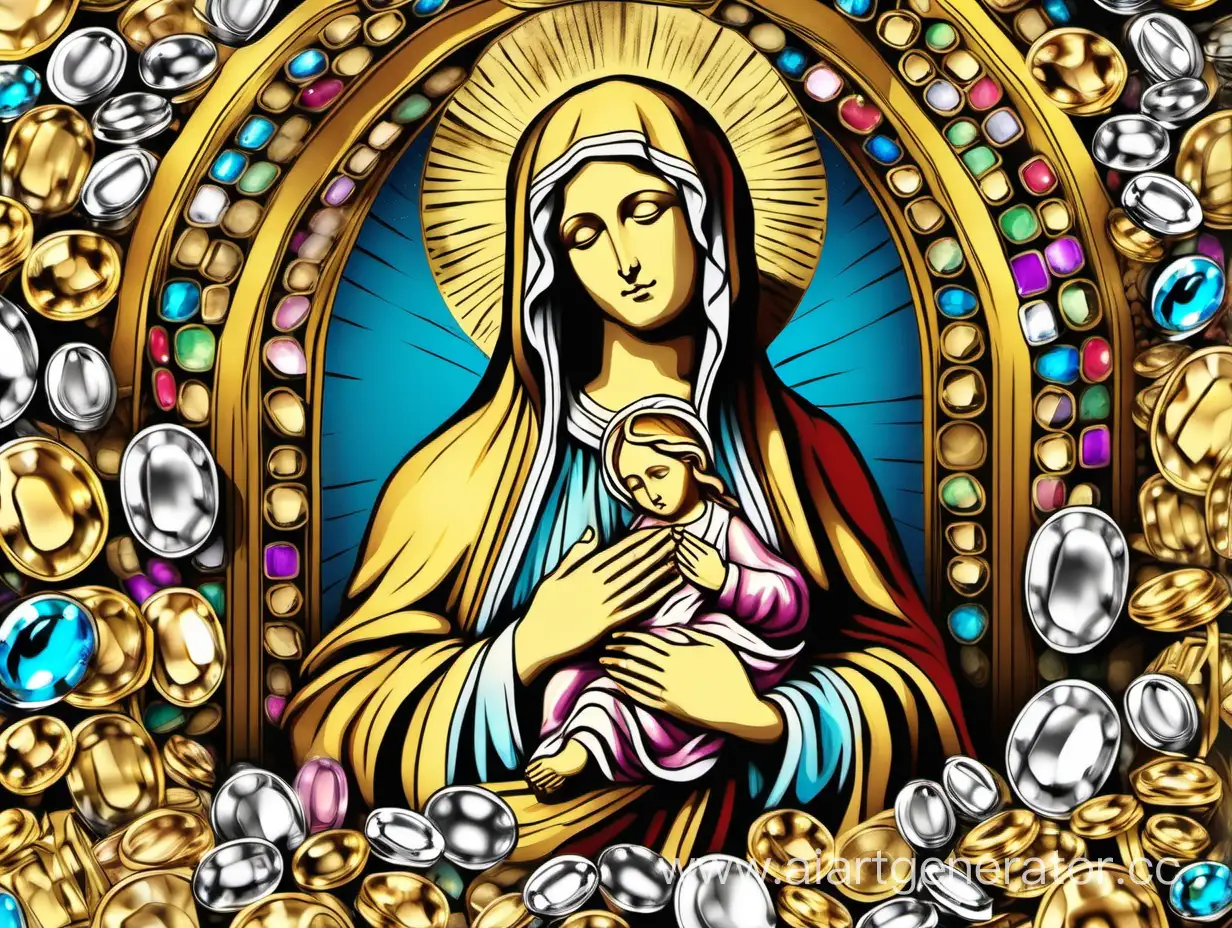 Золотая статуя Девы Марии в куче драгоценностей рисунок цветной