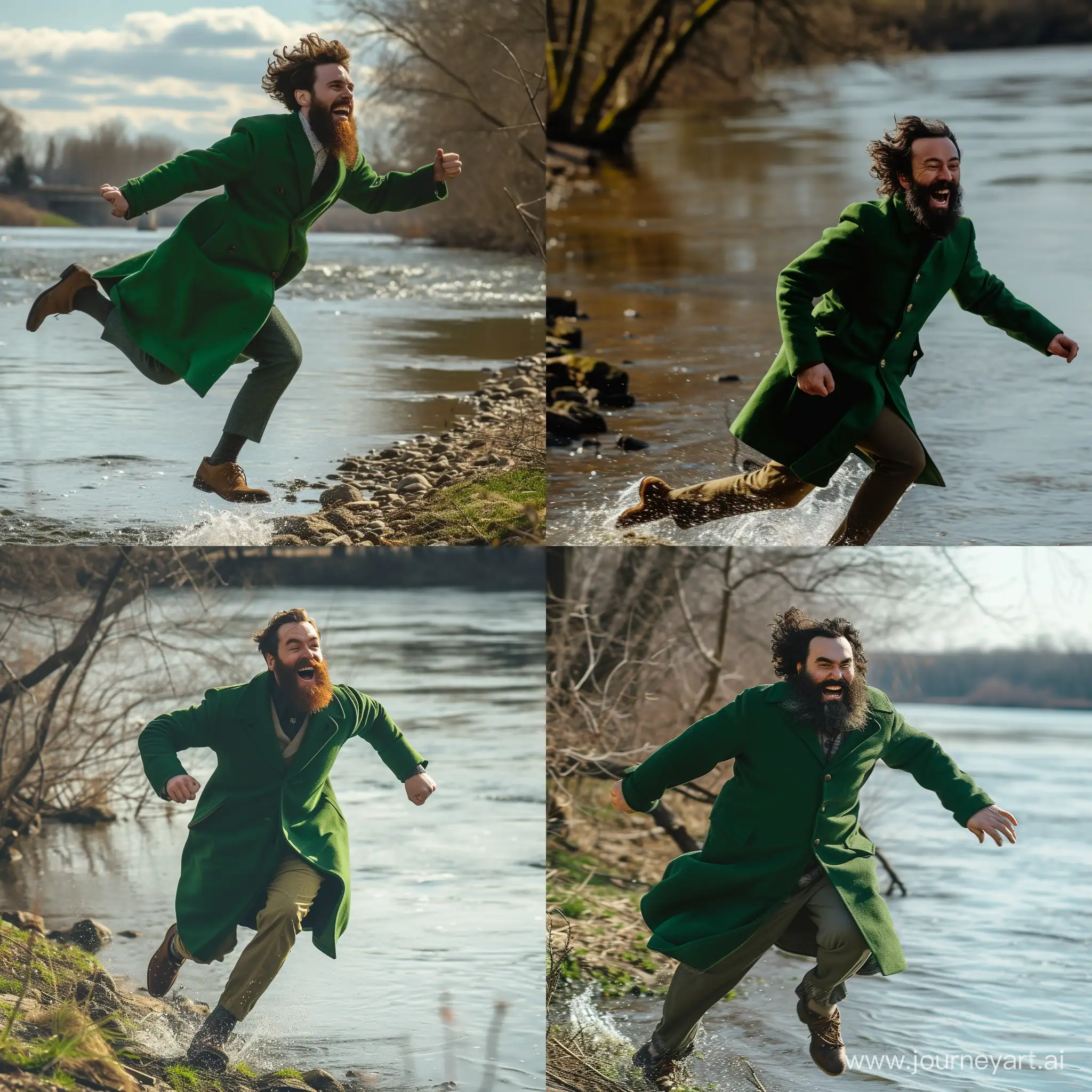 Energetic-Bearded-Man-Running-Along-Riverside-in-Vibrant-Green-Coat