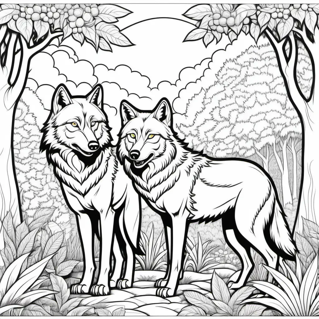 Coloring page for kids, Wolves in Garden of Eden, clean line art