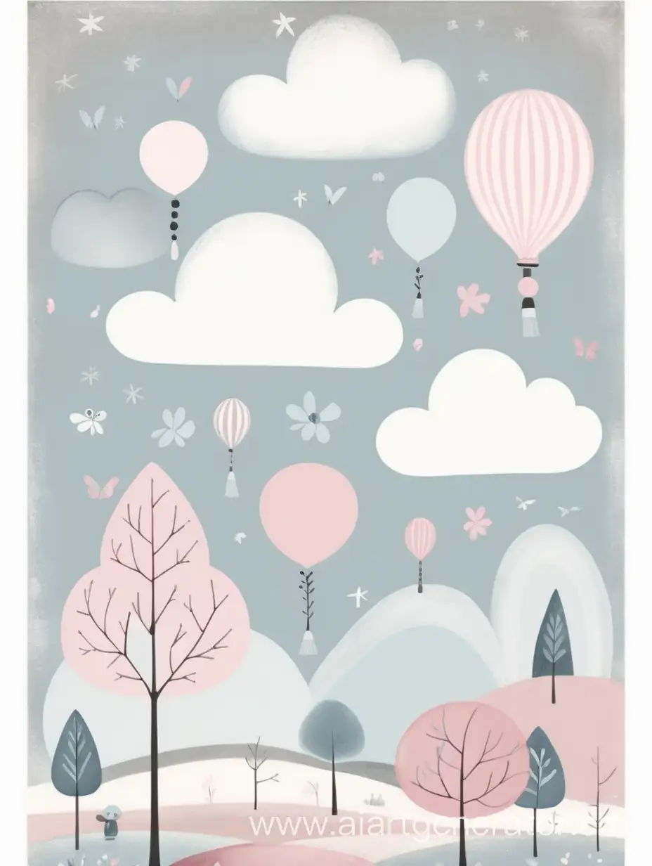 vintage art print, Scandinavian style, pastel grey blue and pink colors, whimsical, childhood, peaceful