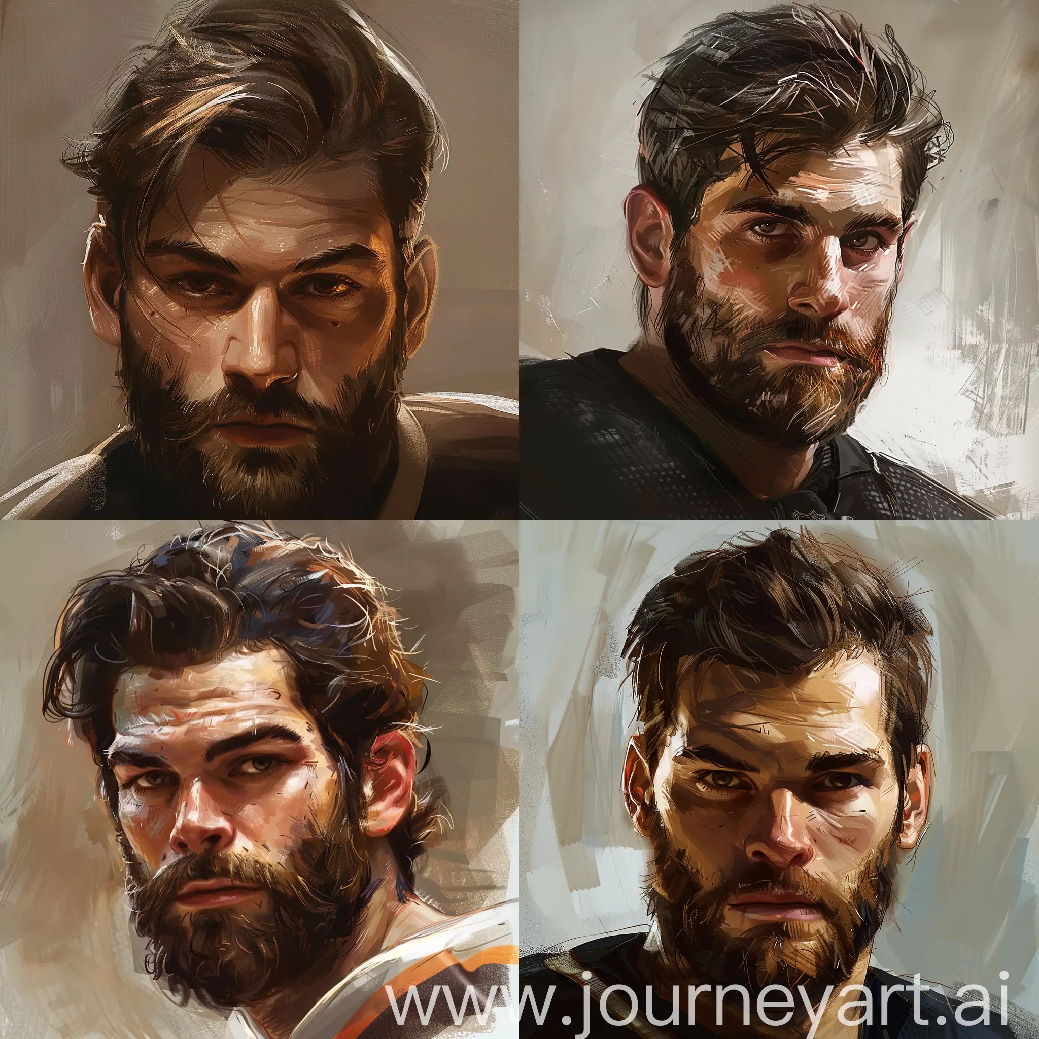 "Compose a compelling portrait capturing the essence of a dedicated hockey player. Accentuate the rich, dark brown tones of his hair and eyes, allowing the subtle nuances to shine. Pay meticulous attention to the details of his beard, sculpting a visual narrative that reflects both the rugged determination and finesse inherent in the sport. Highlight the player's intensity, emphasizing the connection between his unwavering gaze and the passion he brings to the game. Aim for a composition that not only showcases his physical prowess but also unveils the unique personality and character that define him as a hockey athlete." cartoonish kind of style