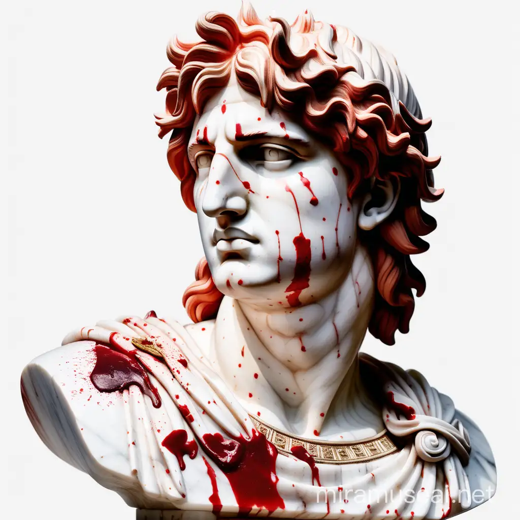 Marble bust of Alexander the great, 
, Thinking deeply, small red blood splatter on face, white background, 