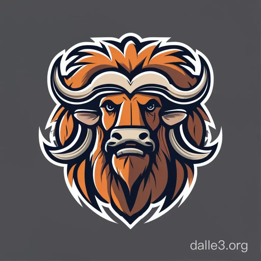 A buffalo with long thick hair and beard, modern, stylized, sports logo, iconic